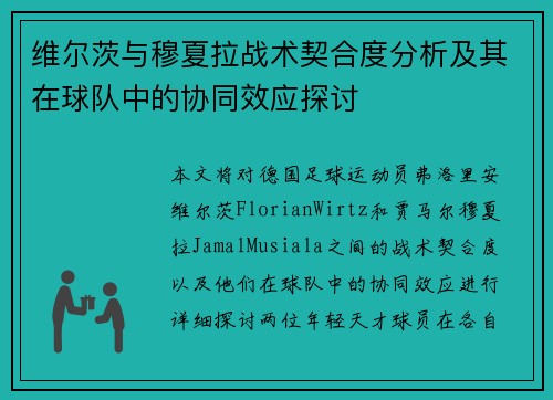 维尔茨与穆夏拉战术契合度分析及其在球队中的协同效应探讨 维尔茨与穆夏拉战术契合度分析及其在球队中的协同效应探讨