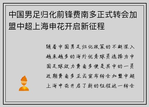 中国男足归化前锋费南多正式转会加盟中超上海申花开启新征程