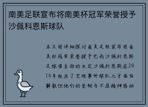 南美足联宣布将南美杯冠军荣誉授予沙佩科恩斯球队 南美足联宣布将南美杯冠军荣誉授予沙佩科恩斯球队