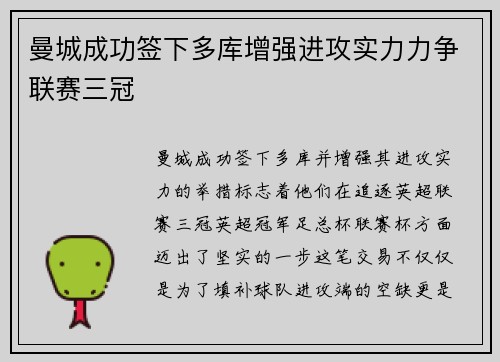 曼城成功签下多库增强进攻实力力争联赛三冠 曼城成功签下多库增强进攻实力力争联赛三冠
